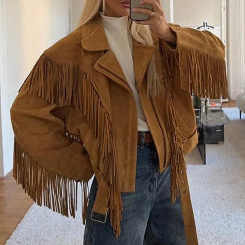 Khaki Casual Women's Lapel Tassel Wide Shoulder Streetwear Jacket - Picture 5 of 10